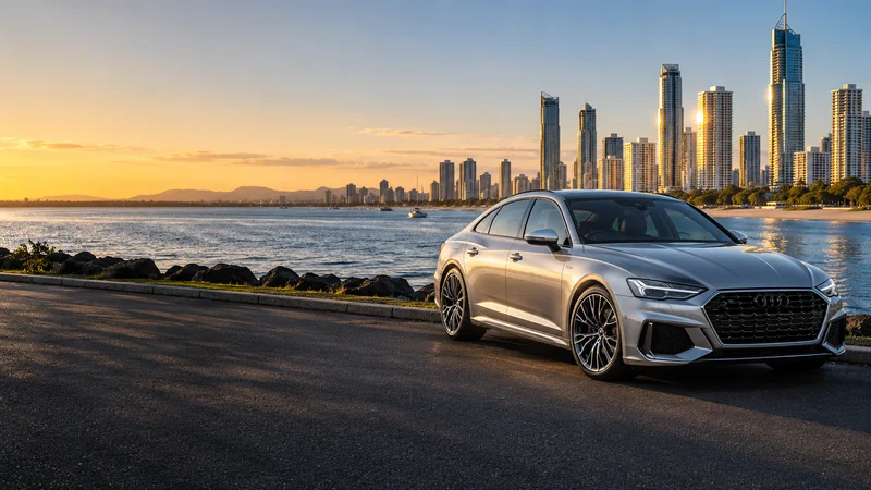 Silver sports sedan beside the Gold Coast waterfront and skyline